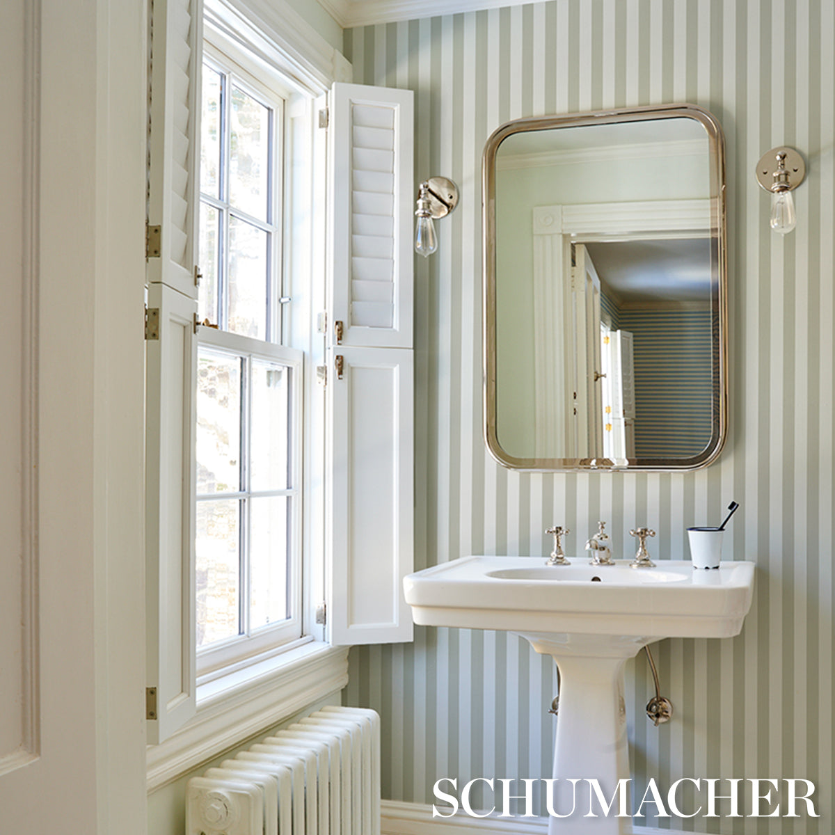 Emma Stripe Stone by Schumacher Classic Neutral Stripe Wallpaper – Schumacher 5017223