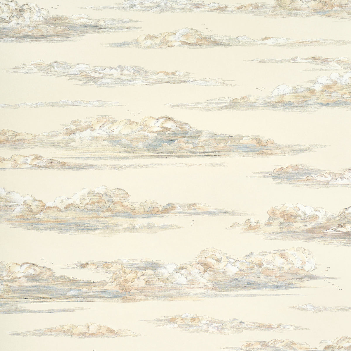 Mr. Darcy's Clouds wallpaper in Pemberley by Johnson Hartig for Schumacher, featuring a hand-colored cloudscape inspired by 18th-century engravings.