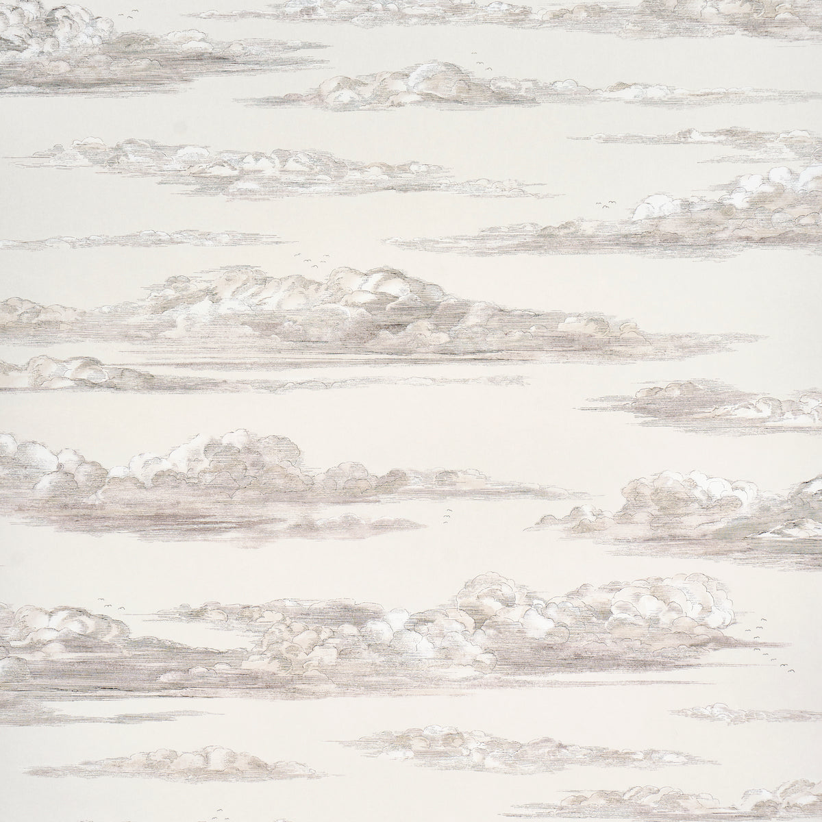 Mr. Darcy's Clouds wallpaper in Grisaille by Johnson Hartig for Schumacher, featuring a scenic cloudscape inspired by 18th-century engravings.