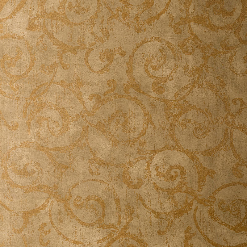 Bernini Scroll Brushwood handcrafted non-woven wallcovering by Schumacher in gold and tan scroll pattern.