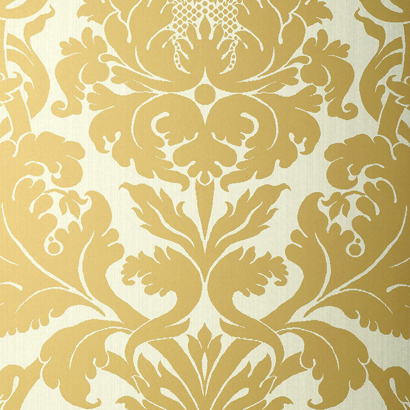 Fiorella Damask wallpaper in Patina by Schumacher, large-scale gold damask pattern on cream background