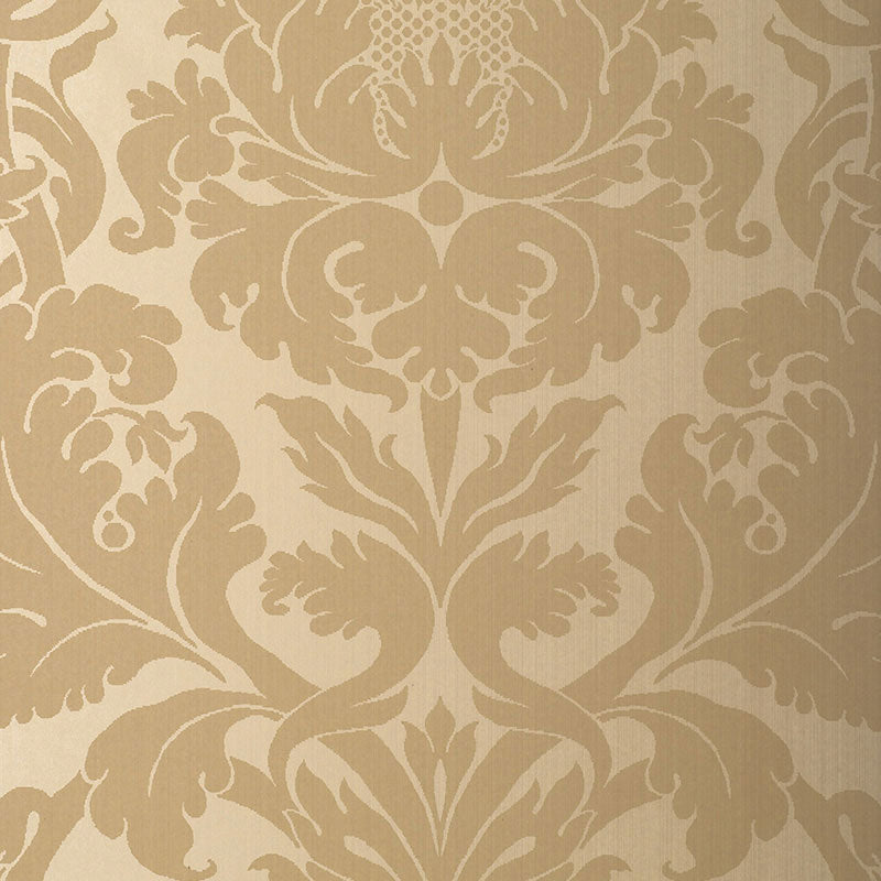 Fiorella Damask Oatmeal wallpaper with a large-scale damask pattern in neutral tones