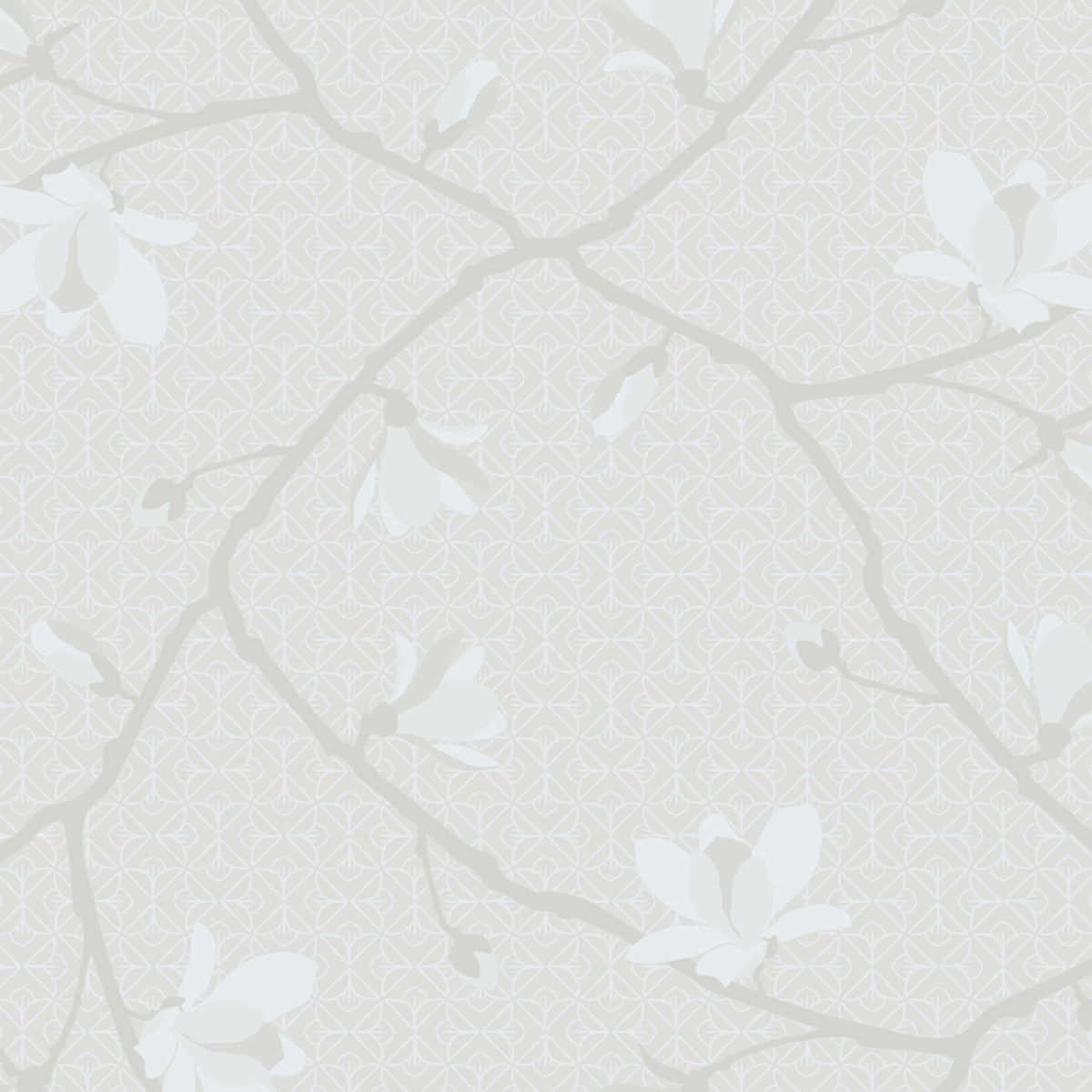 Magnolia bone-colored wallpaper with blossoming magnolia flowers and geometric background by Boråstapeter for Schumacher