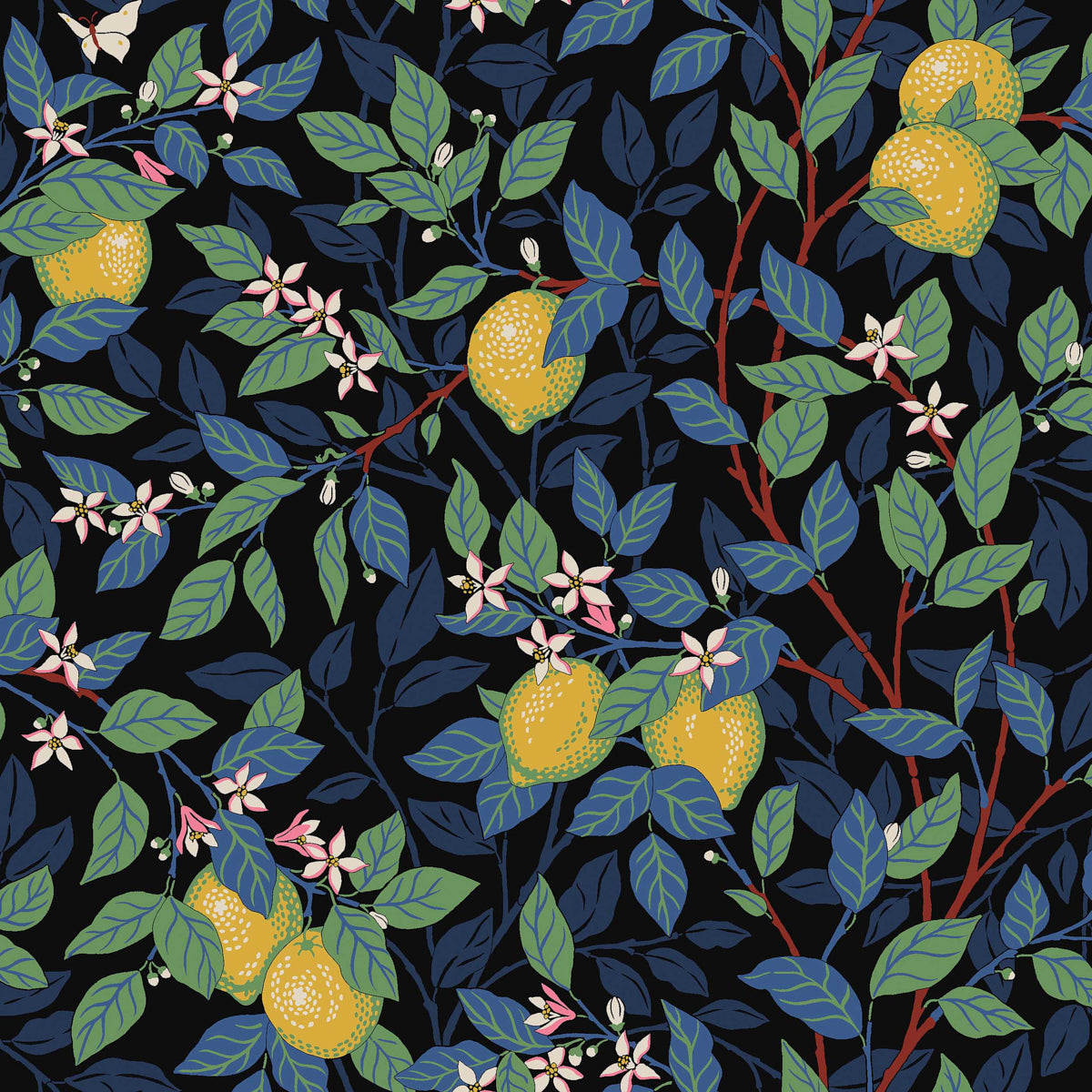 Citronträd wallpaper by Boråstapeter for Schumacher, featuring hand-painted lemon trees, butterflies, and Mediterranean floral motifs in spruce and blue.