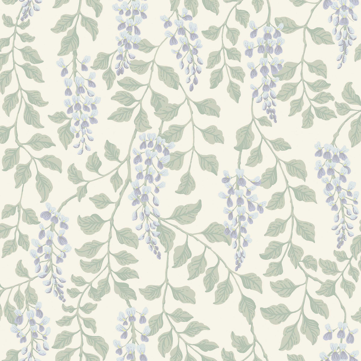 Blåregn wallpaper by Boråstapeter for Schumacher featuring trailing wisteria blossoms in lilac and green on a light background.
