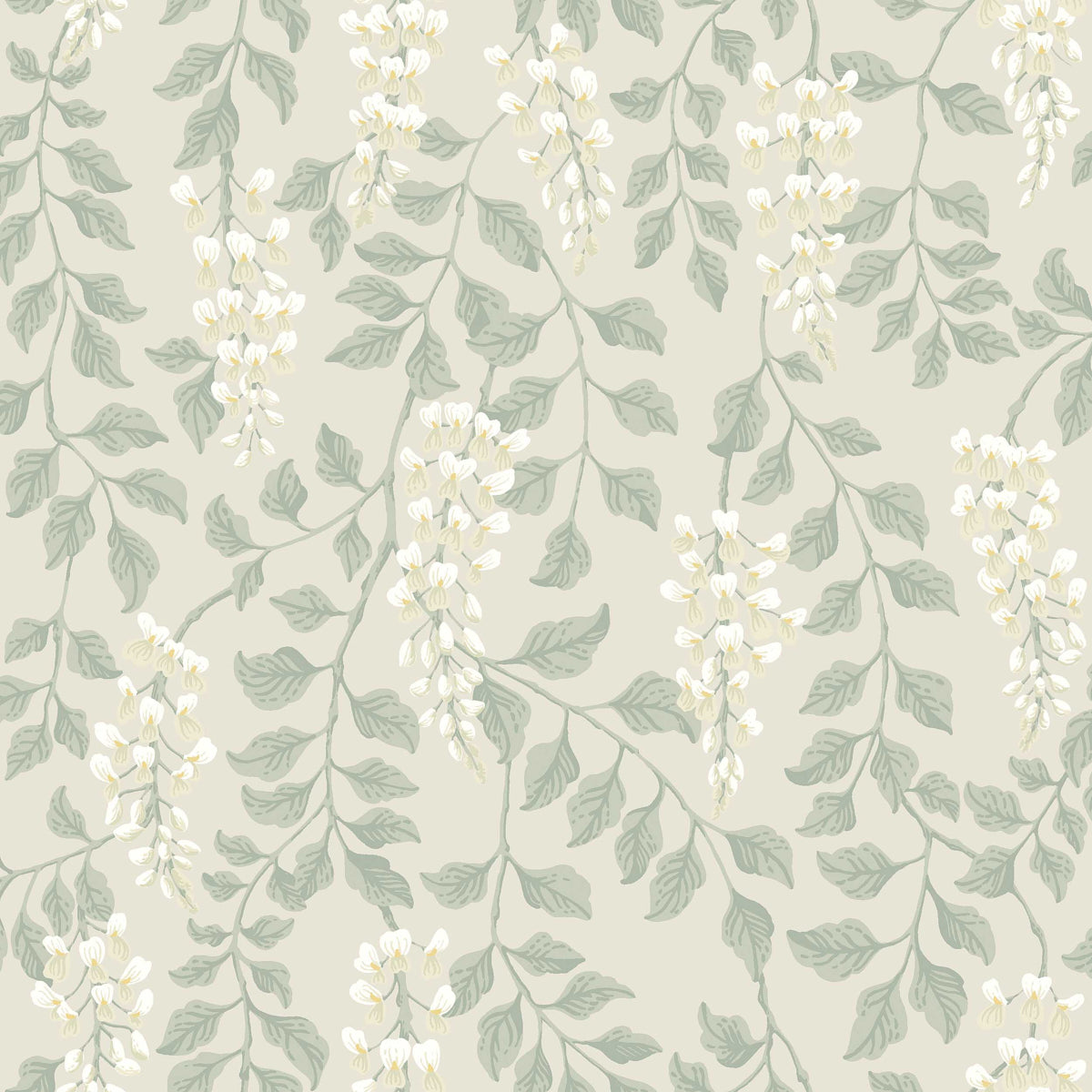 Trailing wisteria blossoms in a leaf green colorway on a contemporary floral wallpaper by Boråstapeter for Schumacher.