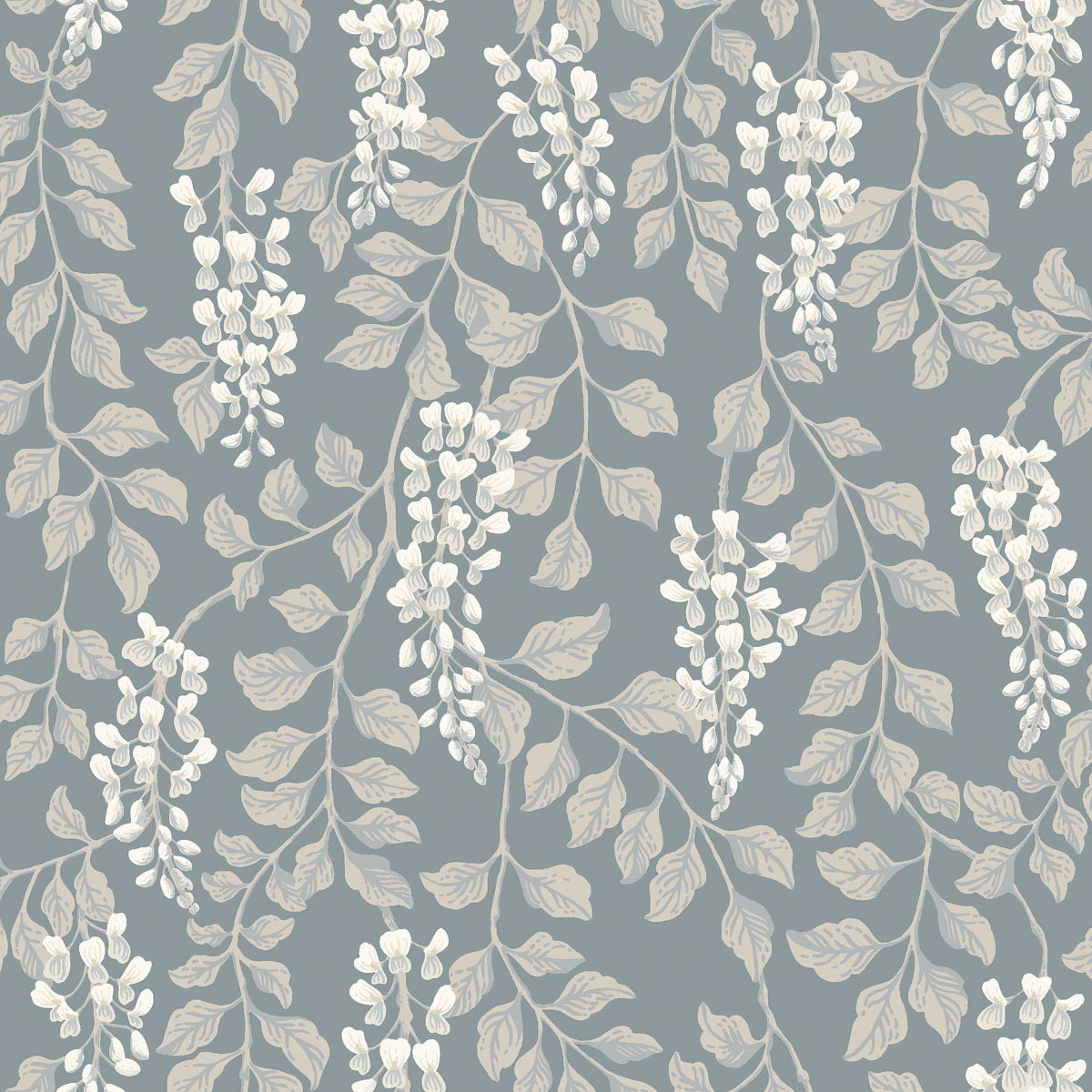 Slate blue wallpaper with trailing wisteria blossoms and leaves in a romantic floral pattern by Boråstapeter for Schumacher.