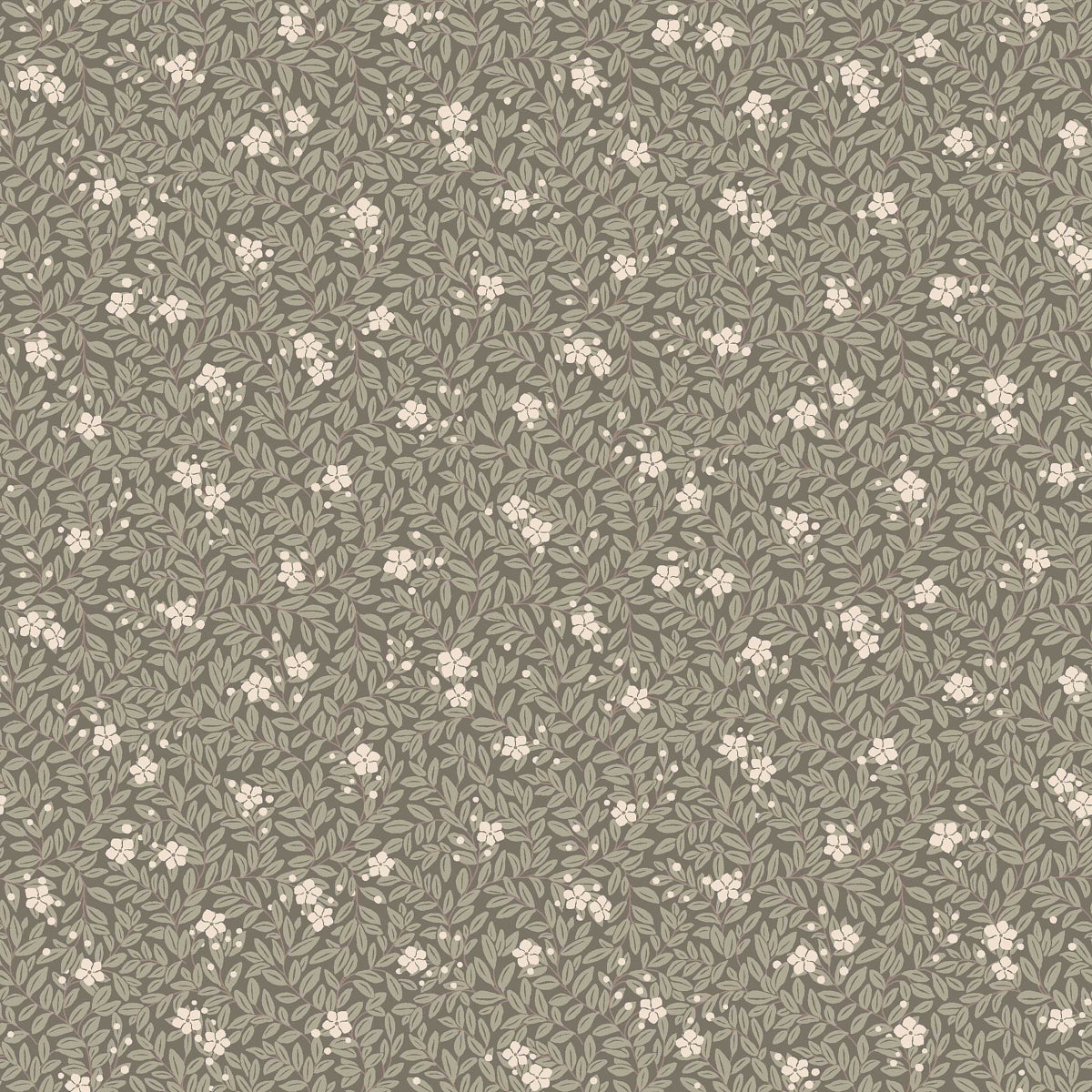 Myrten wallpaper in olive by Boråstapeter for Schumacher, featuring a hand-painted myrtle leaf and flower pattern in an Arts and Crafts style.
