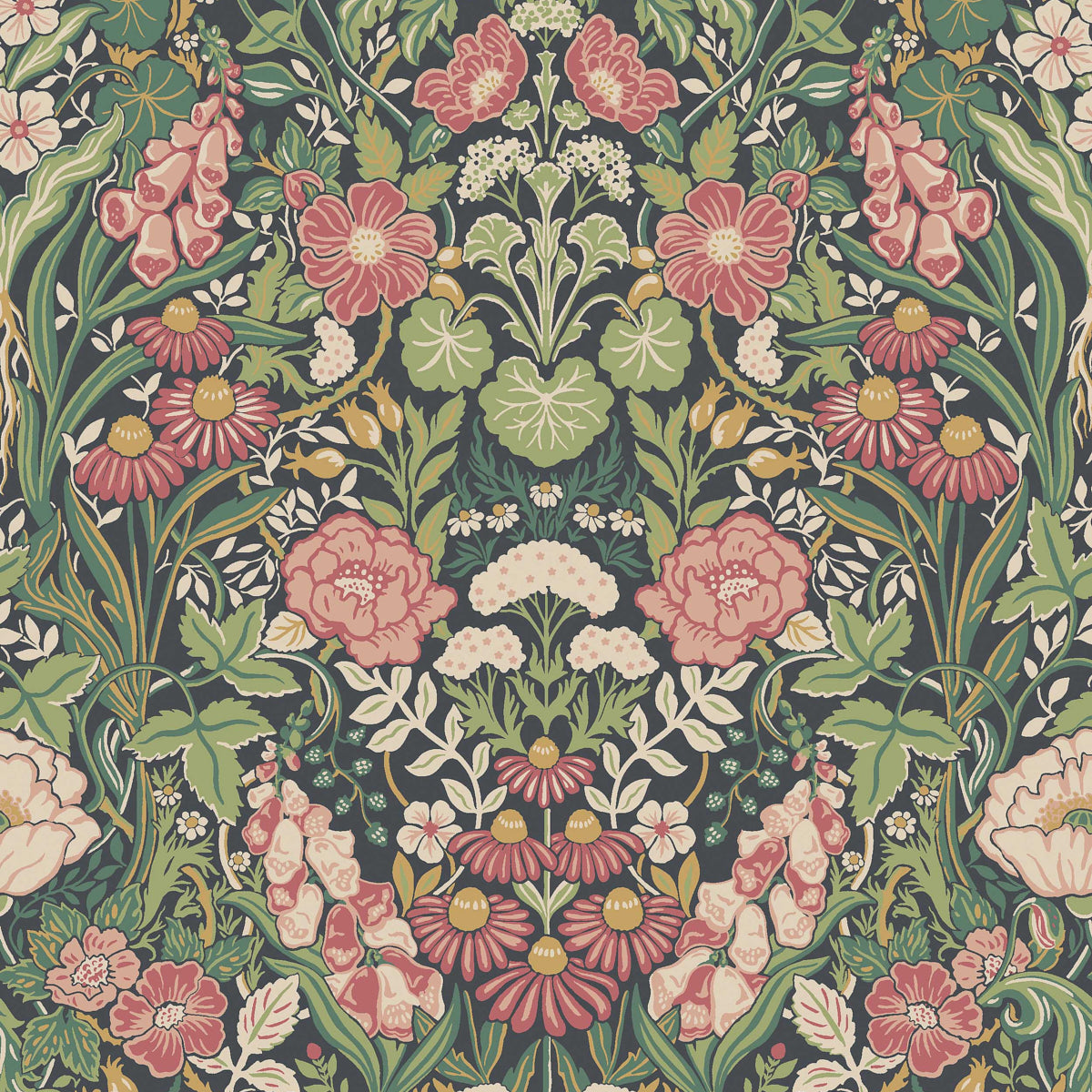 A detailed, mirrored botanical wallpaper pattern featuring stylized poppies, chamomile, and other flowering herbs in spruce and midnight colors, inspired by medicinal herb gardens.