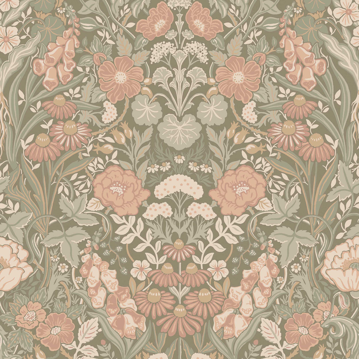 Blush and sage botanical floral wallpaper with Arts and Crafts Scandinavian design by Boråstapeter for Schumacher