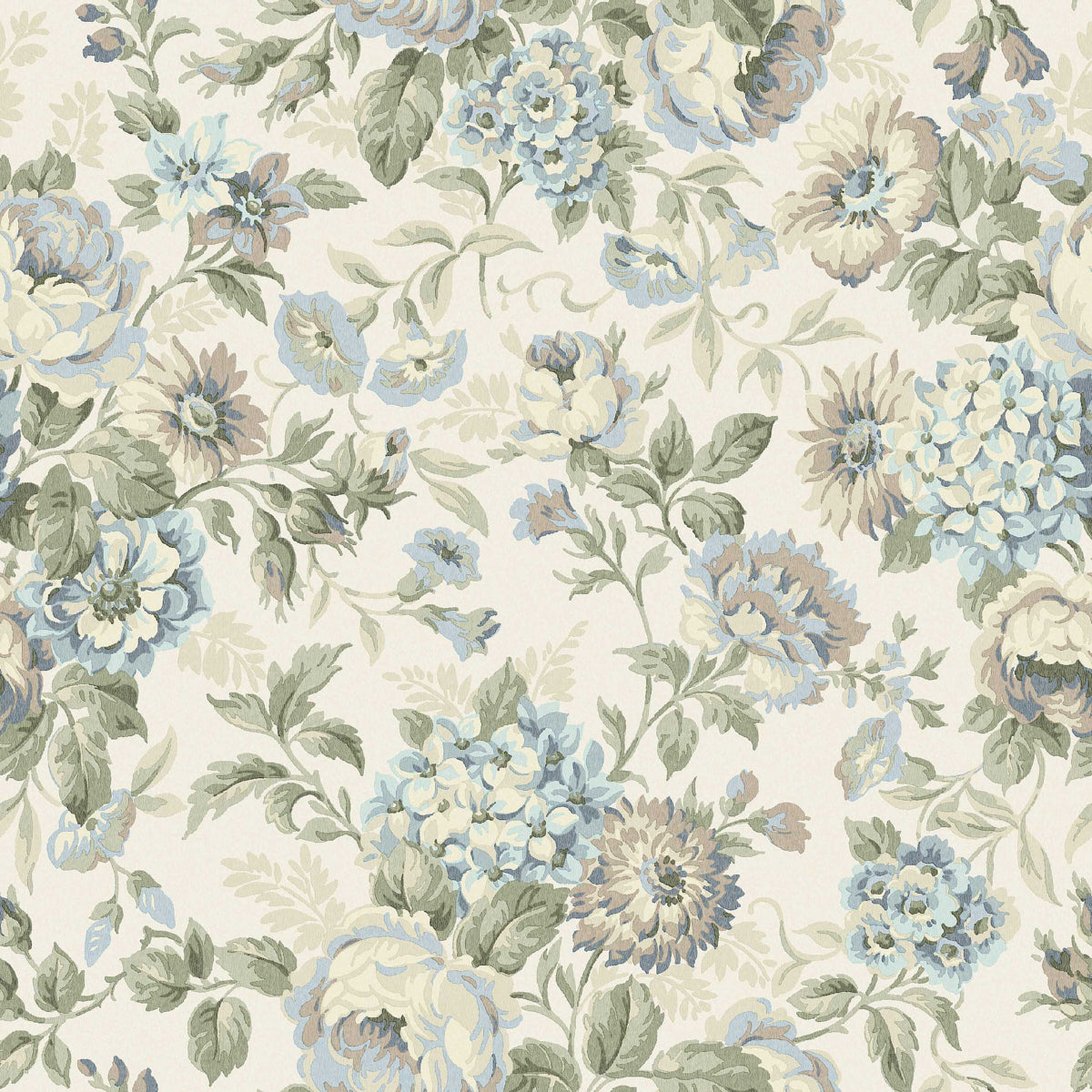 Boråstapeter Hortensia blue floral wallpaper with hydrangeas, dahlias, roses, and carnations in a romantic country-house style