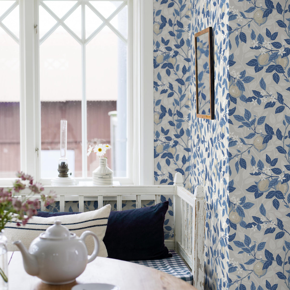 Citrontrad Taupe and Blue by Boråstapeter Lemon Tree Wallpaper – Schumacher 6149