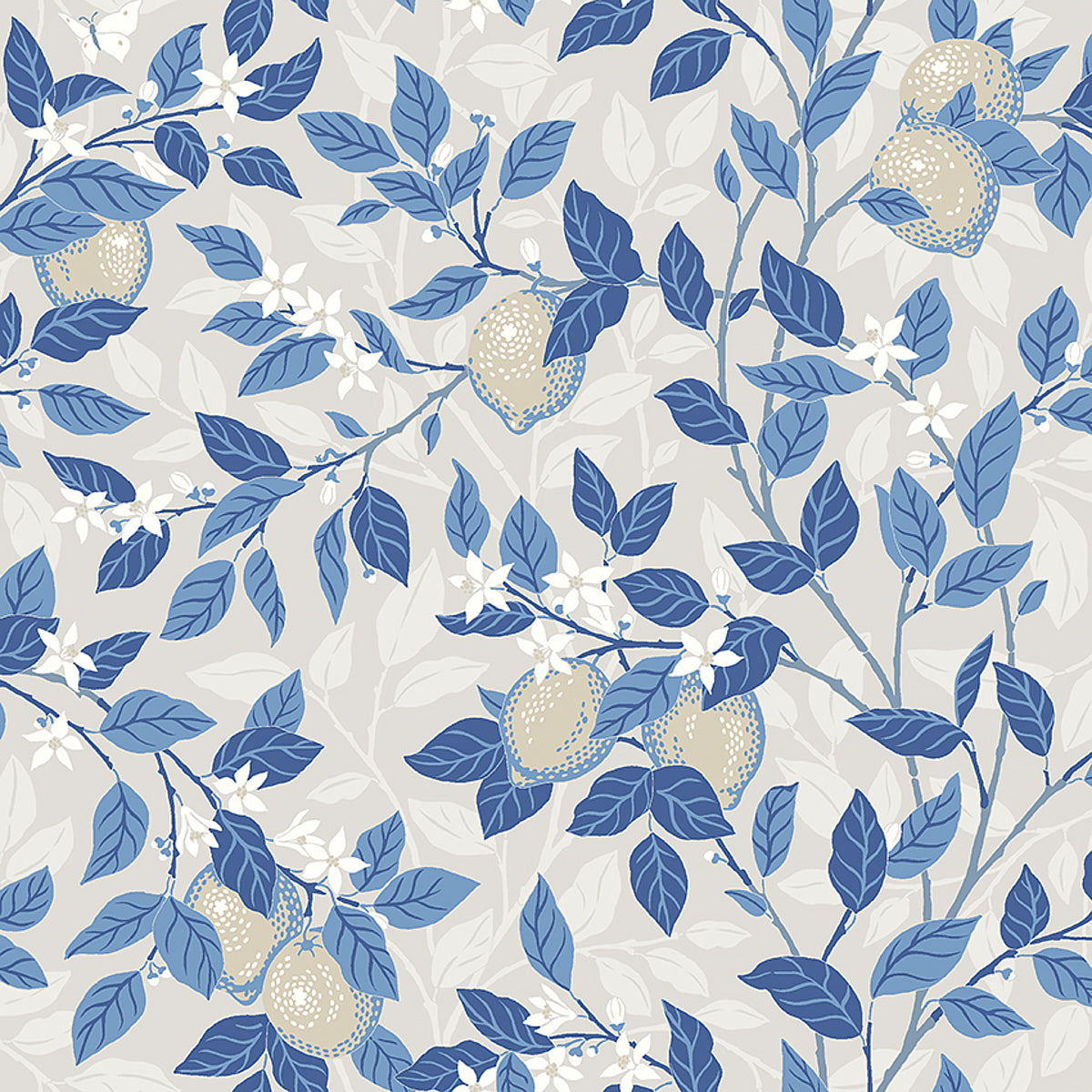 Citrontrad wallpaper in taupe and blue with a hand-painted pattern of lemon trees and butterflies by Boråstapeter for Schumacher