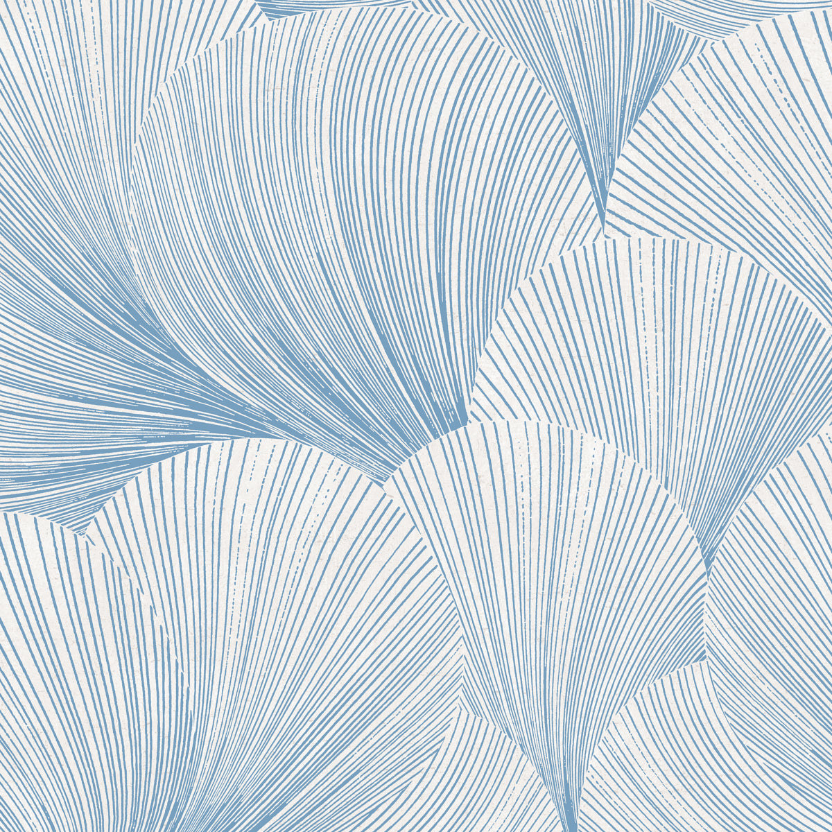 Mirage wallpaper by Boråstapeter for Schumacher in blue and white, featuring abstract fanlike lines.