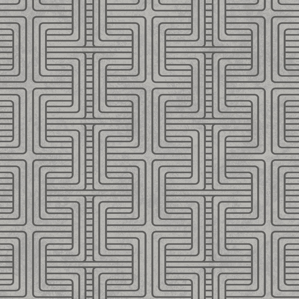 Geo Tribe wallpaper in pewter by Boråstapeter for Schumacher, featuring a mazelike geometric pattern in grey tones.