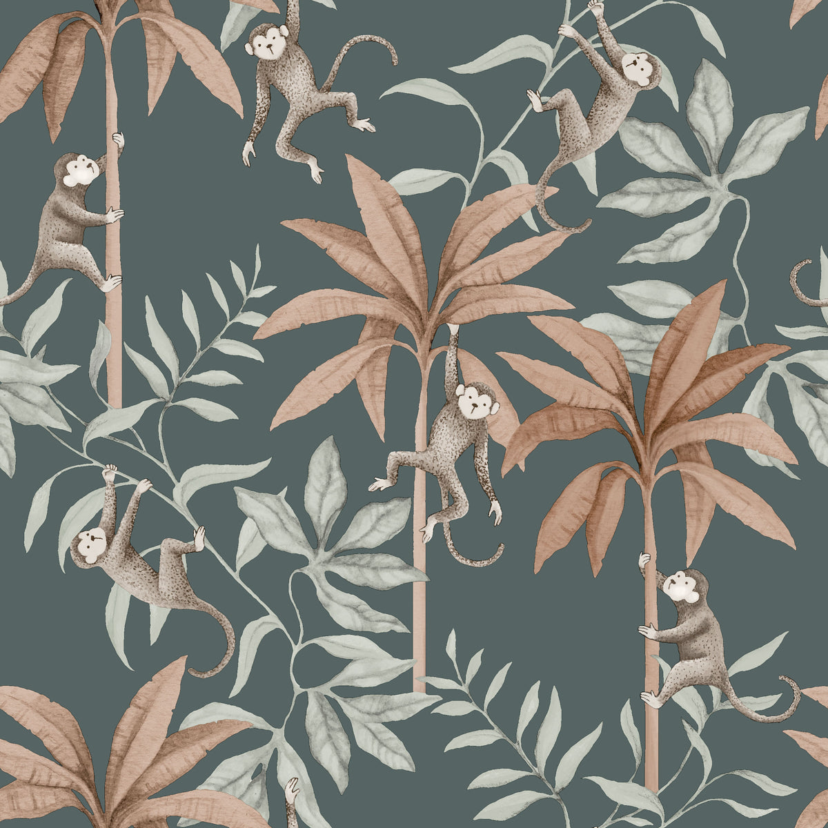 Jungle Friends wallpaper by Boråstapeter for Schumacher featuring playful monkeys and tropical foliage on a midnight blue background.