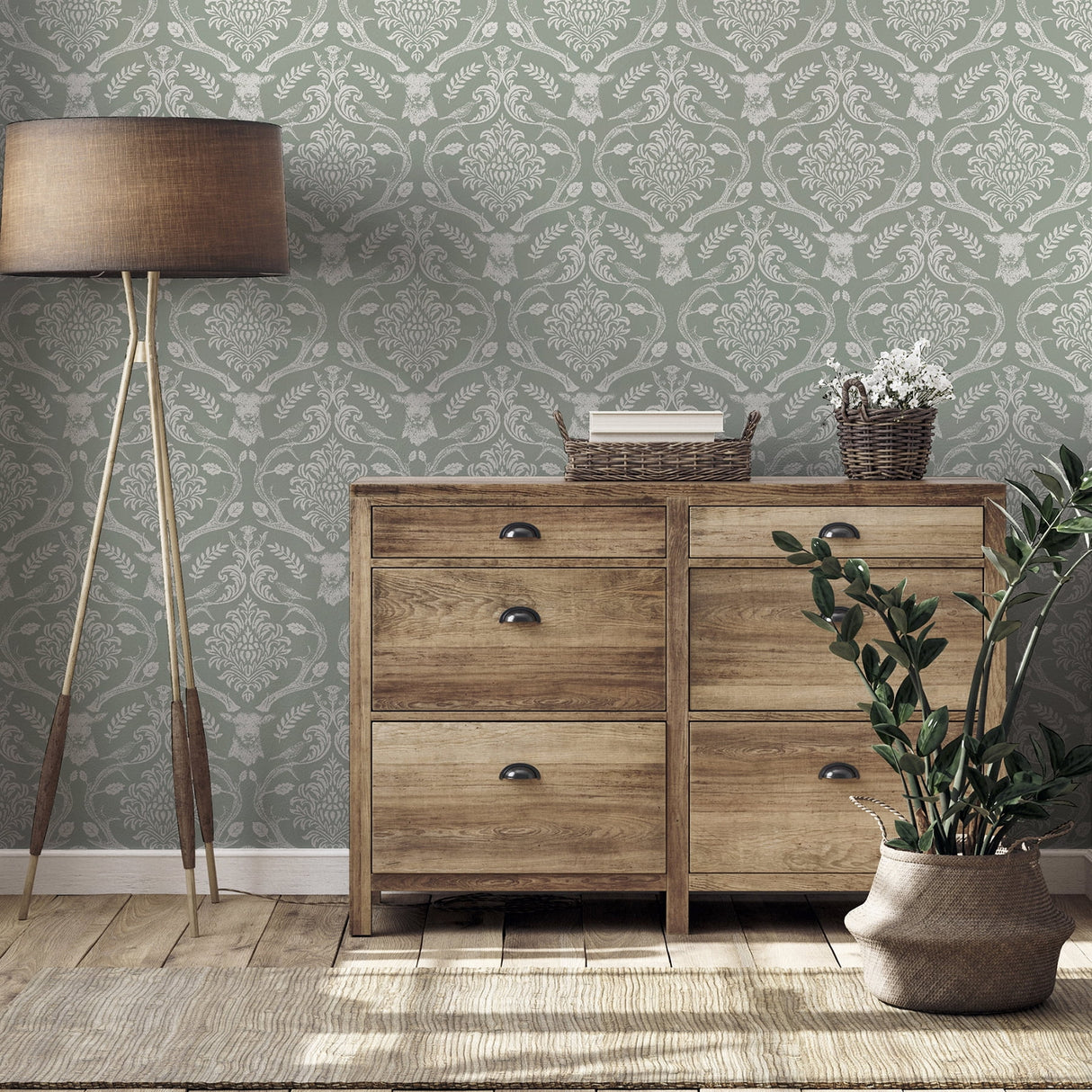 Wickham Green by Arthouse Stag Damask Wallpaper – Brewster Home Fashions AH923706
