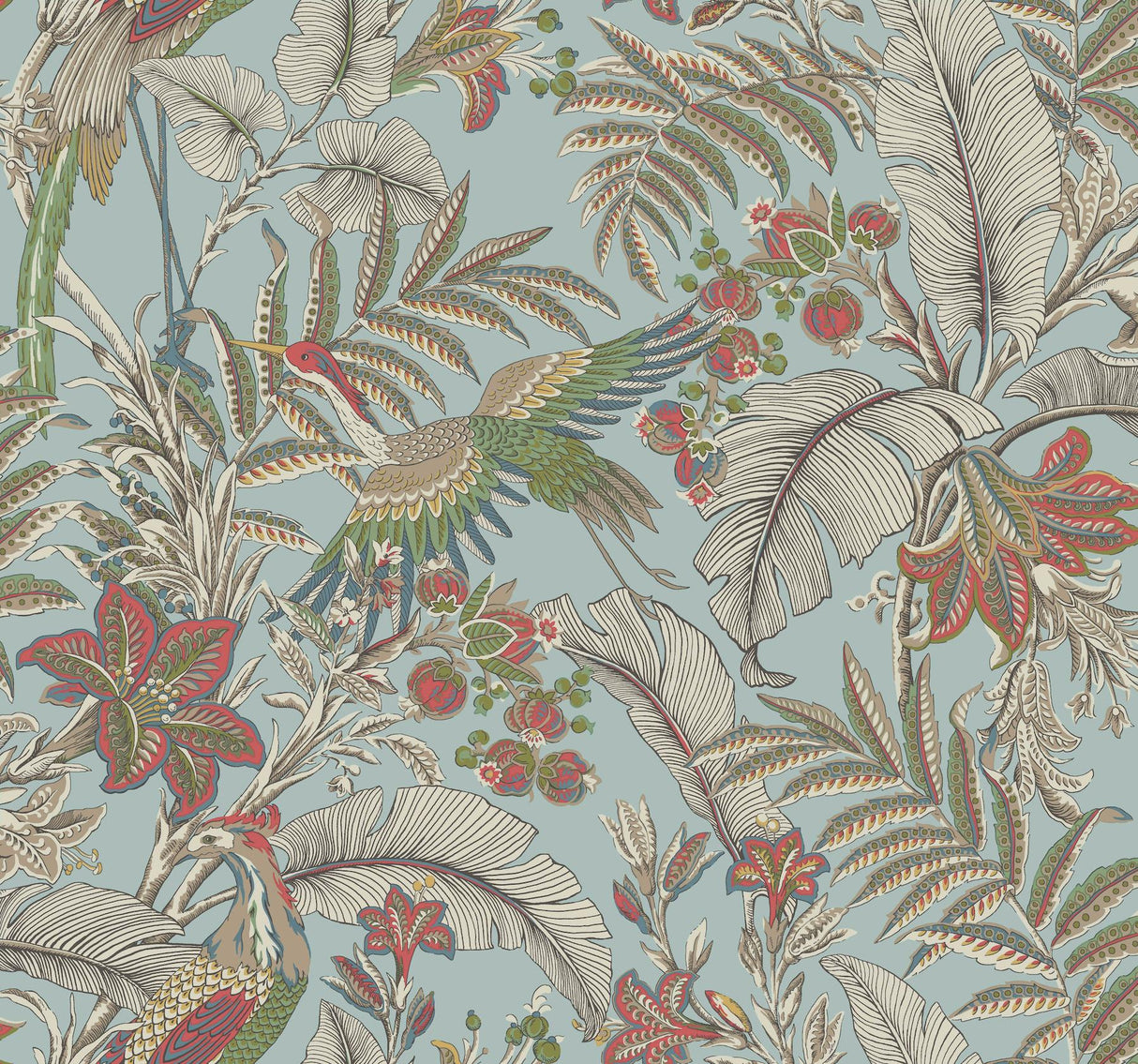 Heronwood Sky Blue wallpaper with herons and botanical motifs by Antonina Vella