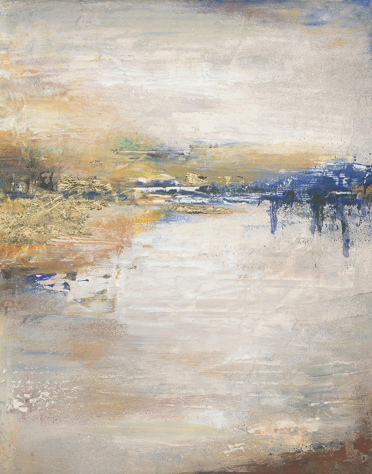 Crystal Lake abstract multicolor wall mural by Antonina Vella showing a silver lake with blue and gold accents