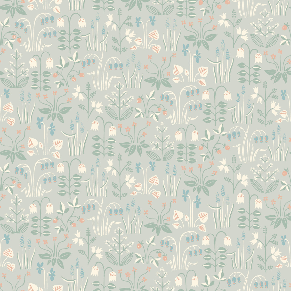 Strawberry Field wallpaper in Dove by Boråstapeter for Schumacher, whimsical Scandinavian floral and strawberry pattern in soft pastel colors.
