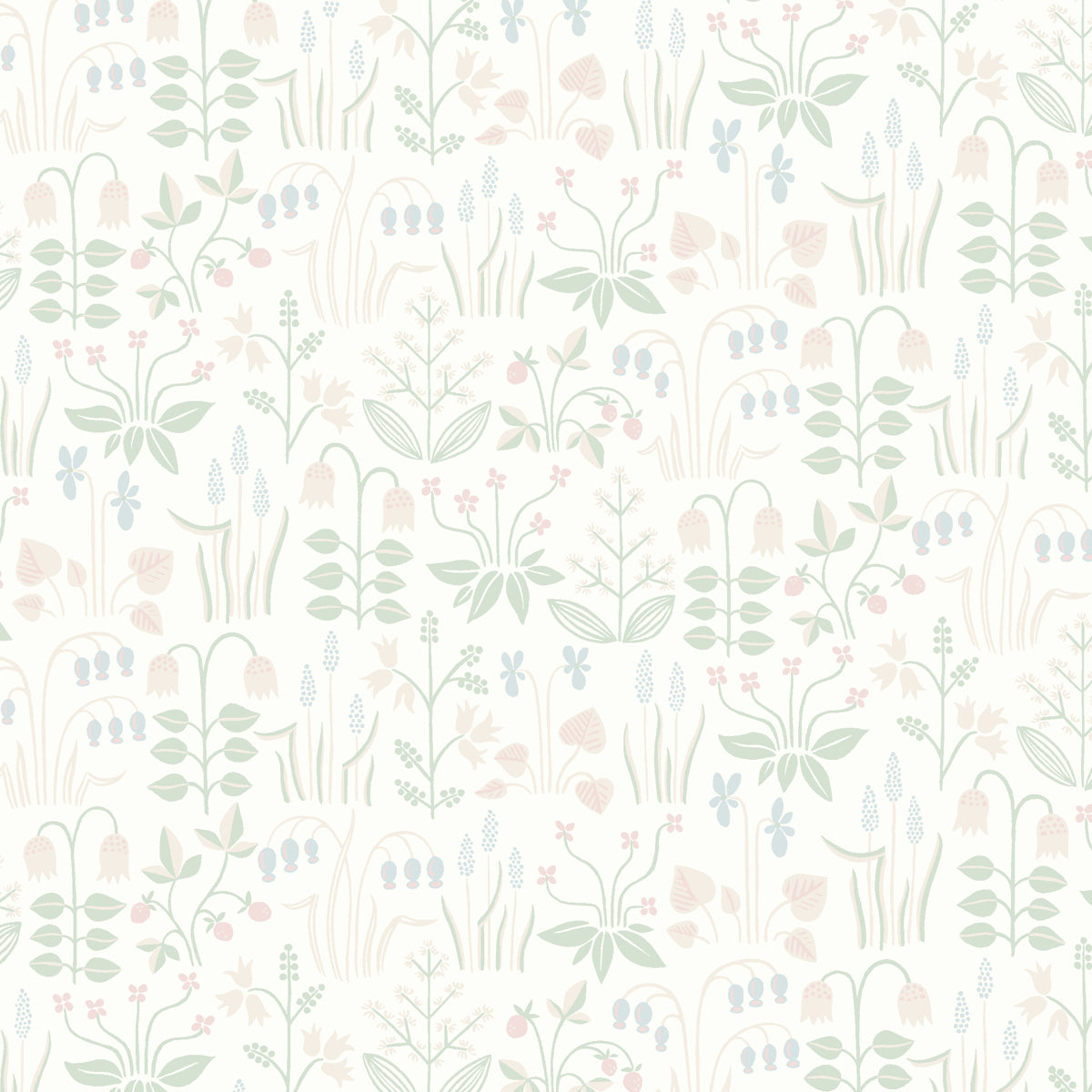 Strawberry Field wallpaper in ivory by Boråstapeter for Schumacher, whimsical Scandinavian floral and strawberry pattern.