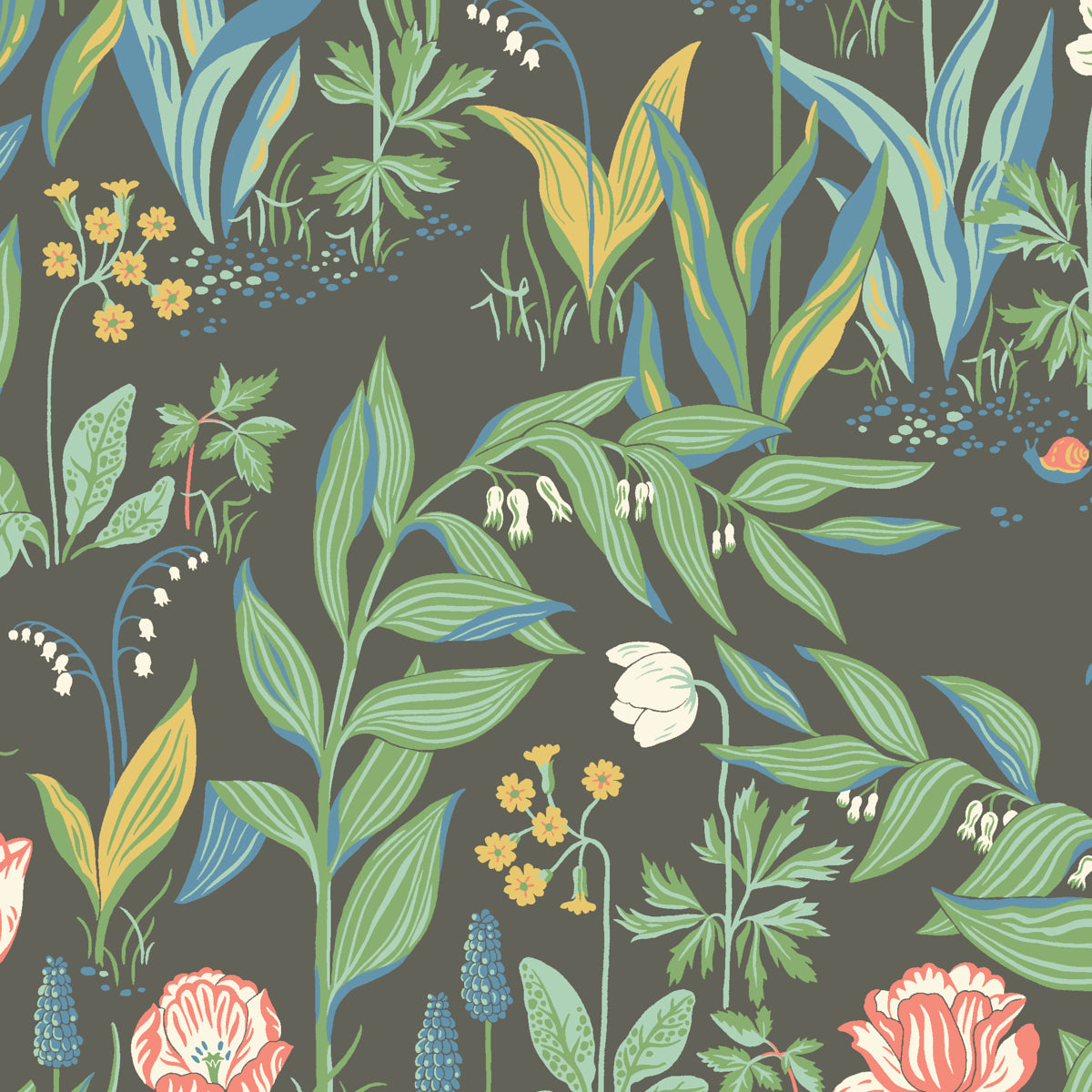 Spring Garden wallpaper in charcoal multi by Boråstapeter for Schumacher, featuring a vibrant floral botanical pattern on a dark background.