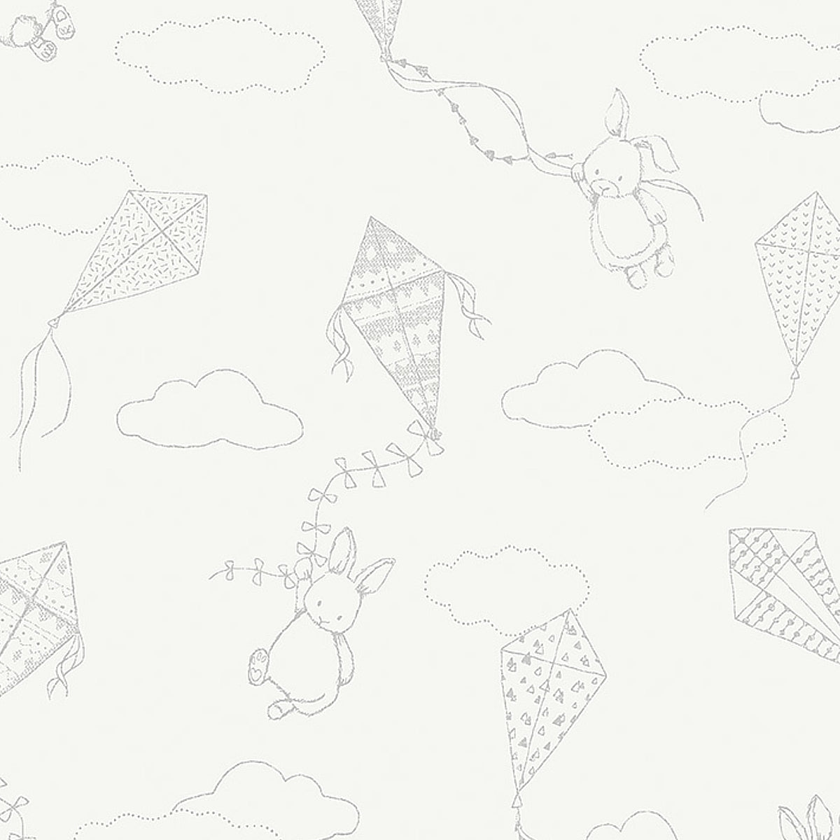Up & Away wallpaper in ivory by Boråstapeter for Schumacher, featuring whimsical bunnies and kites in a nursery setting.