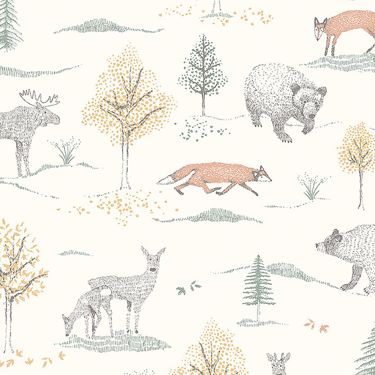 Up North wallpaper in ivory by Boråstapeter for Schumacher, featuring whimsical woodland animals and trees in a Scandinavian style.