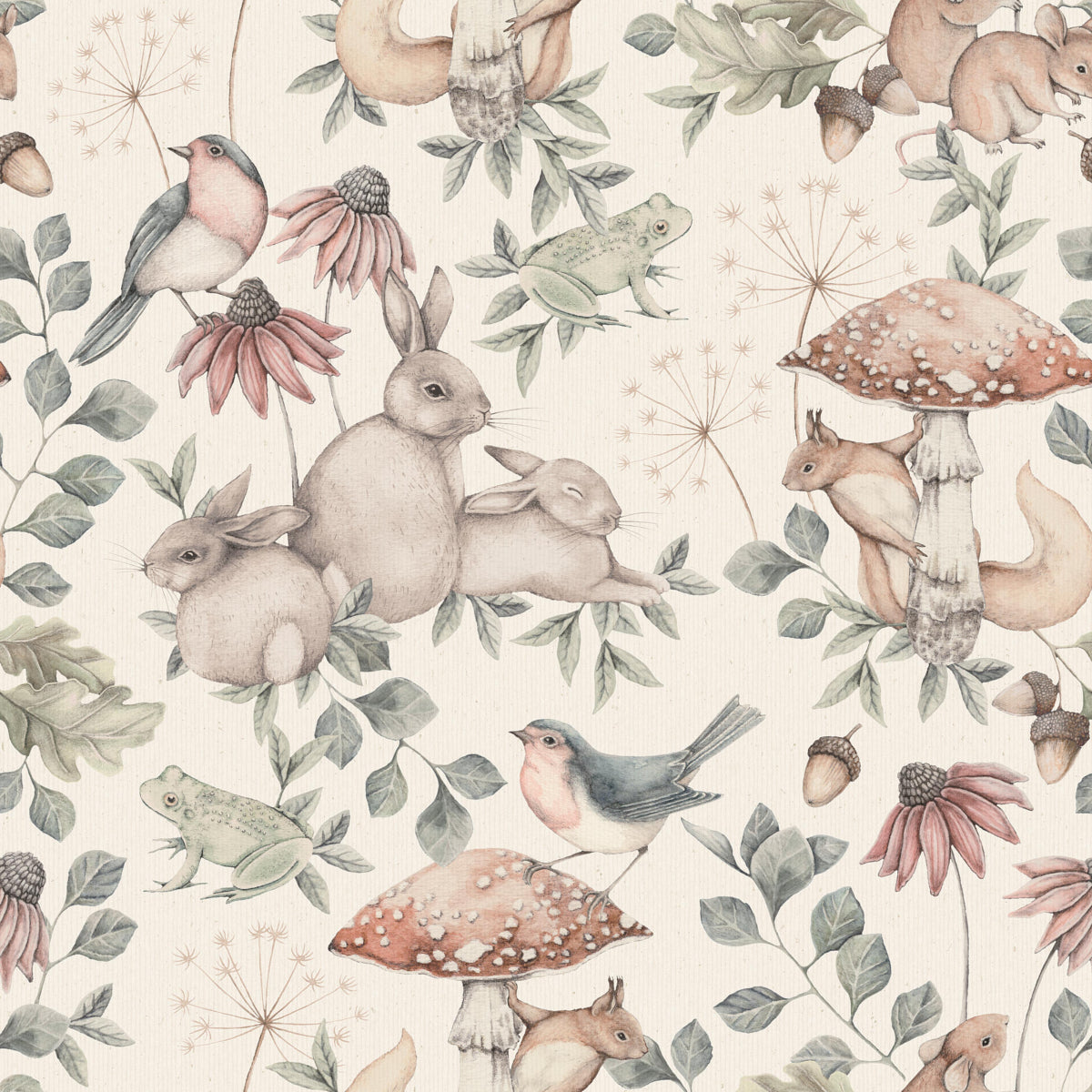 Minou wallpaper by Boråstapeter for Schumacher featuring whimsical woodland animals, birds, mushrooms, and flora in soft pastel colors.