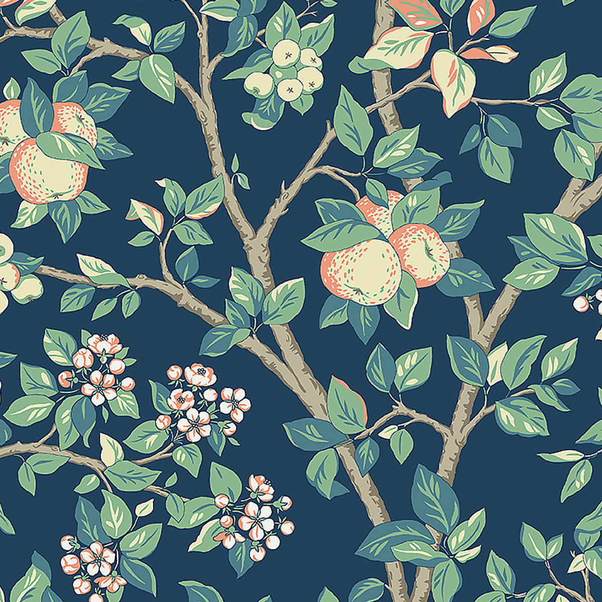 Ingrid Marie wallpaper in navy by Boråstapeter for Schumacher, featuring painterly apple trees with fruit and blossoms on a dark blue background.