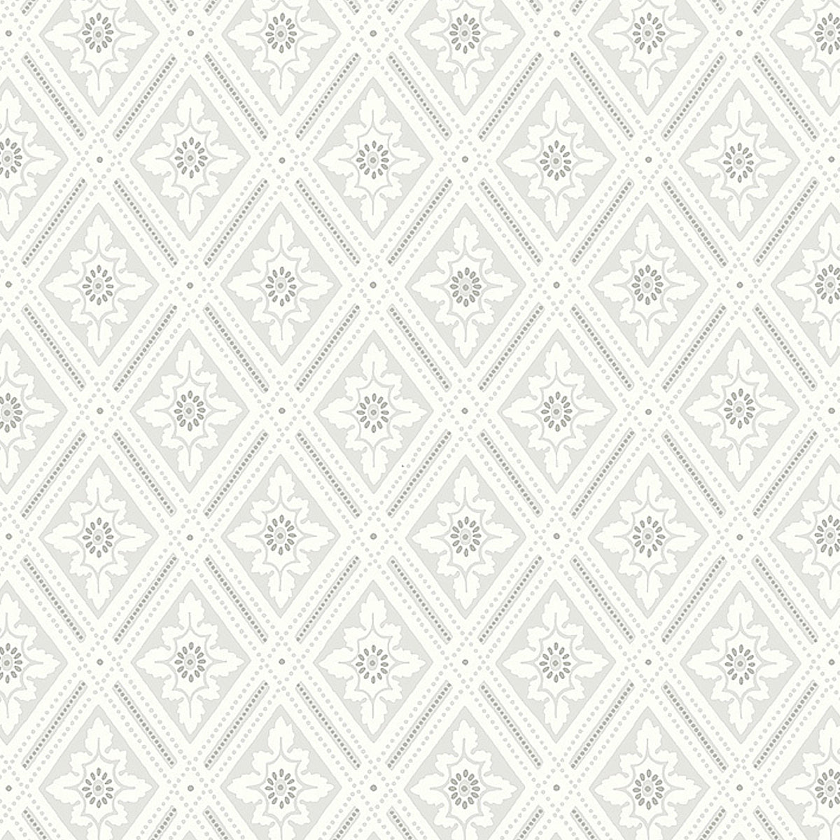 Ester wallpaper by Boråstapeter for Schumacher in grey, featuring a stylized diamond trellis pattern with leaves and dots.