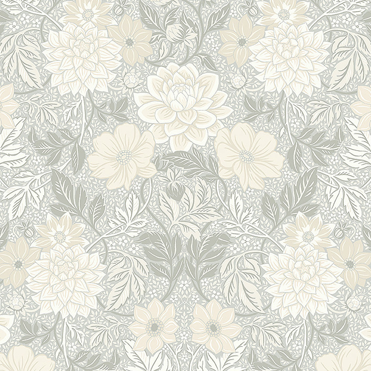 Dahlia Garden wallpaper by Boråstapeter for Schumacher, featuring stylized dahlias and cosmos in a natural colorway with lush foliage in an Arts and Crafts style.