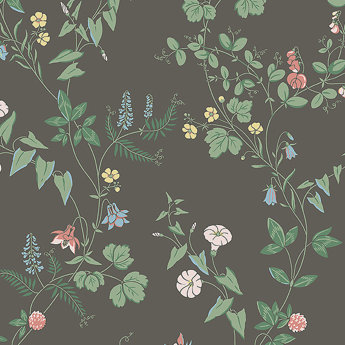 Midsummers Eve Charcoal by Boråstapeter, a Scandinavian floral wallpaper with delicate blooms on a charcoal background.