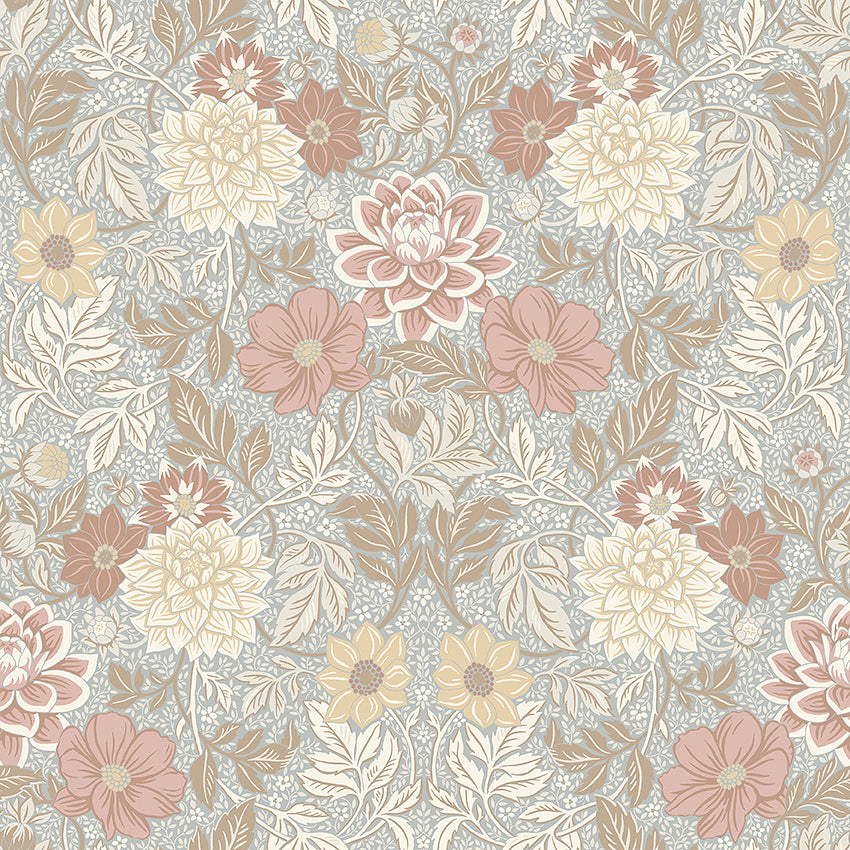 Dahlia Garden wallpaper by Boråstapeter for Schumacher, featuring stylized dahlias and cosmos in a lush, Arts and Crafts floral pattern.