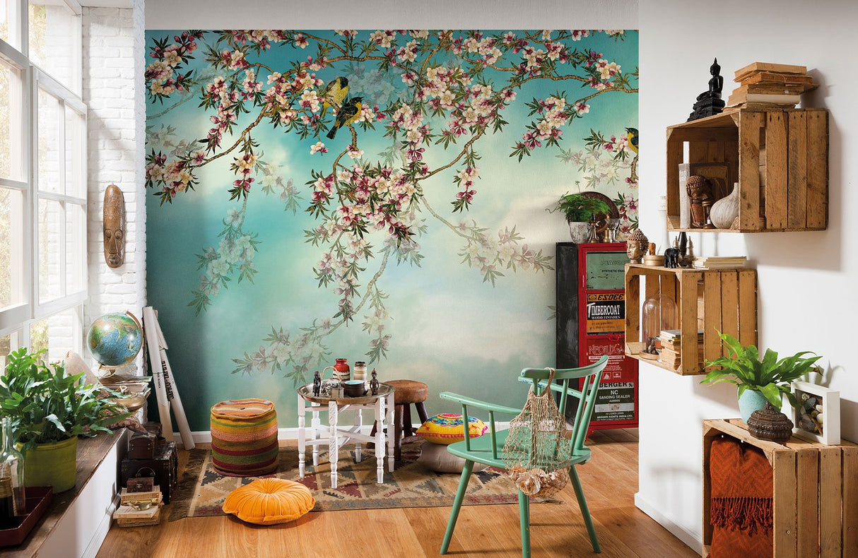 Sakura Blue Floral Birds Wall Mural with Modern Flowers Pattern - Komar 8-213