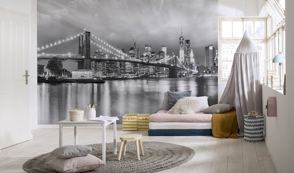 Brooklyn Black & White Cityscape Wall Mural with Photographic Skyline Graphics - Komar 8-934