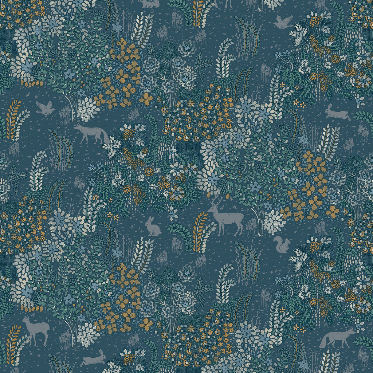 Babylon Blue floral wallpaper with woodland creatures by Veer Decor