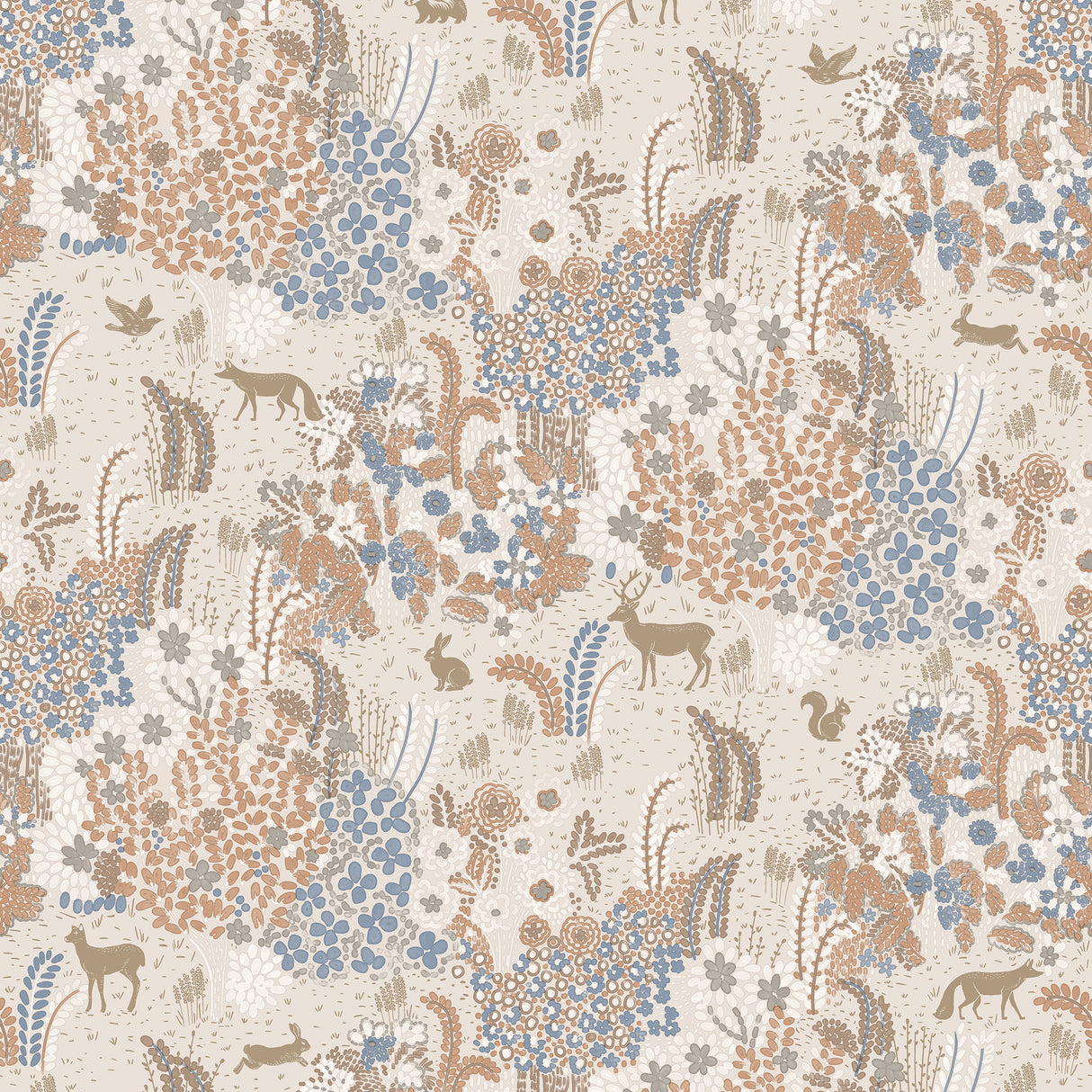 Babylon Beige floral woodland wallpaper roll with metallic highlights