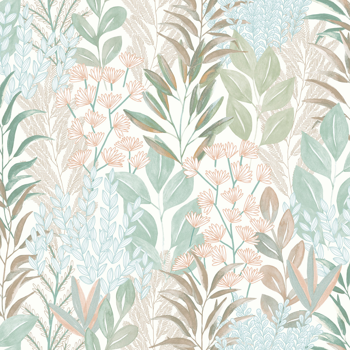 Serene Meadow aqua blue and green floral wallpaper on white ground roll view
