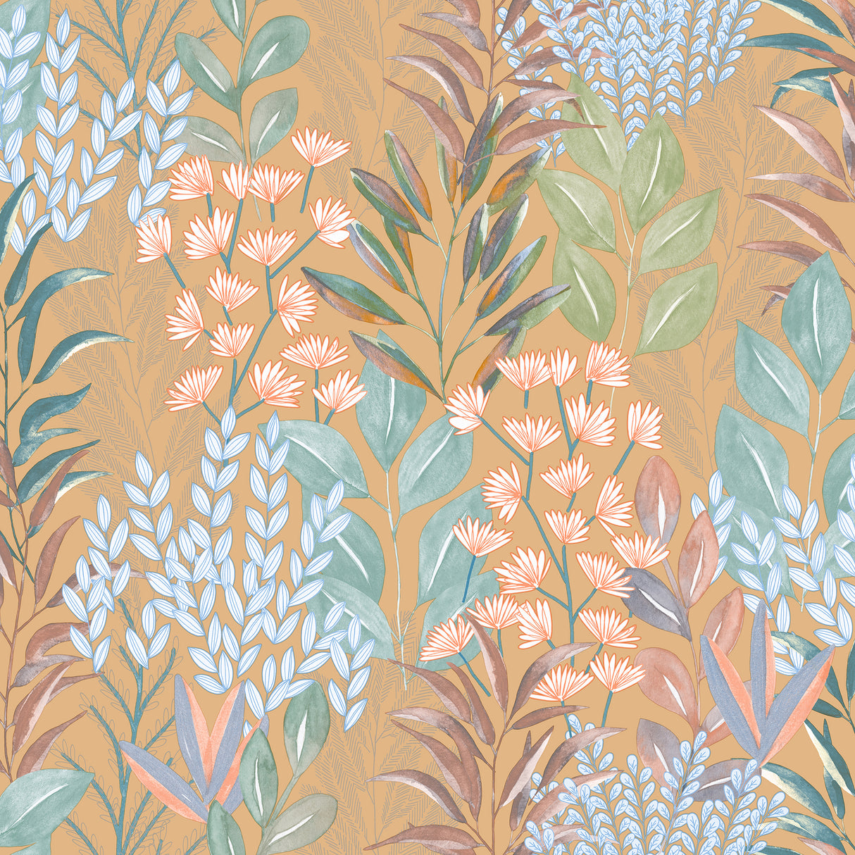 Serene Meadow Burnt Orange floral non-woven unpasted wallpaper roll and room view