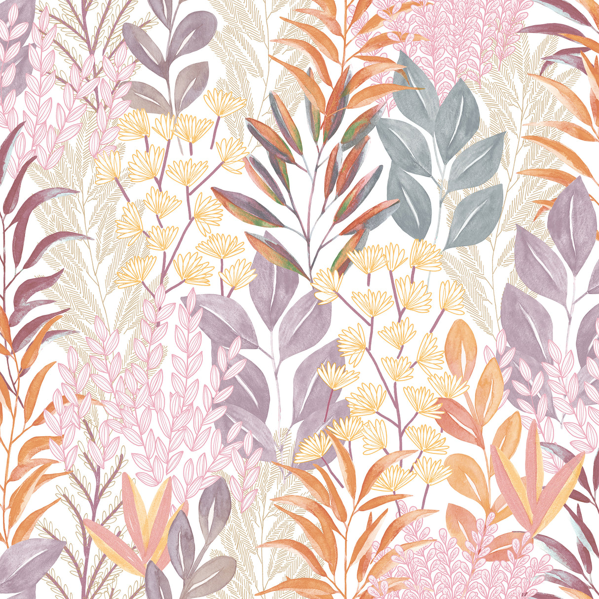 Serene Meadow botanical wallpaper in orange and purple on white ground roll and room scene