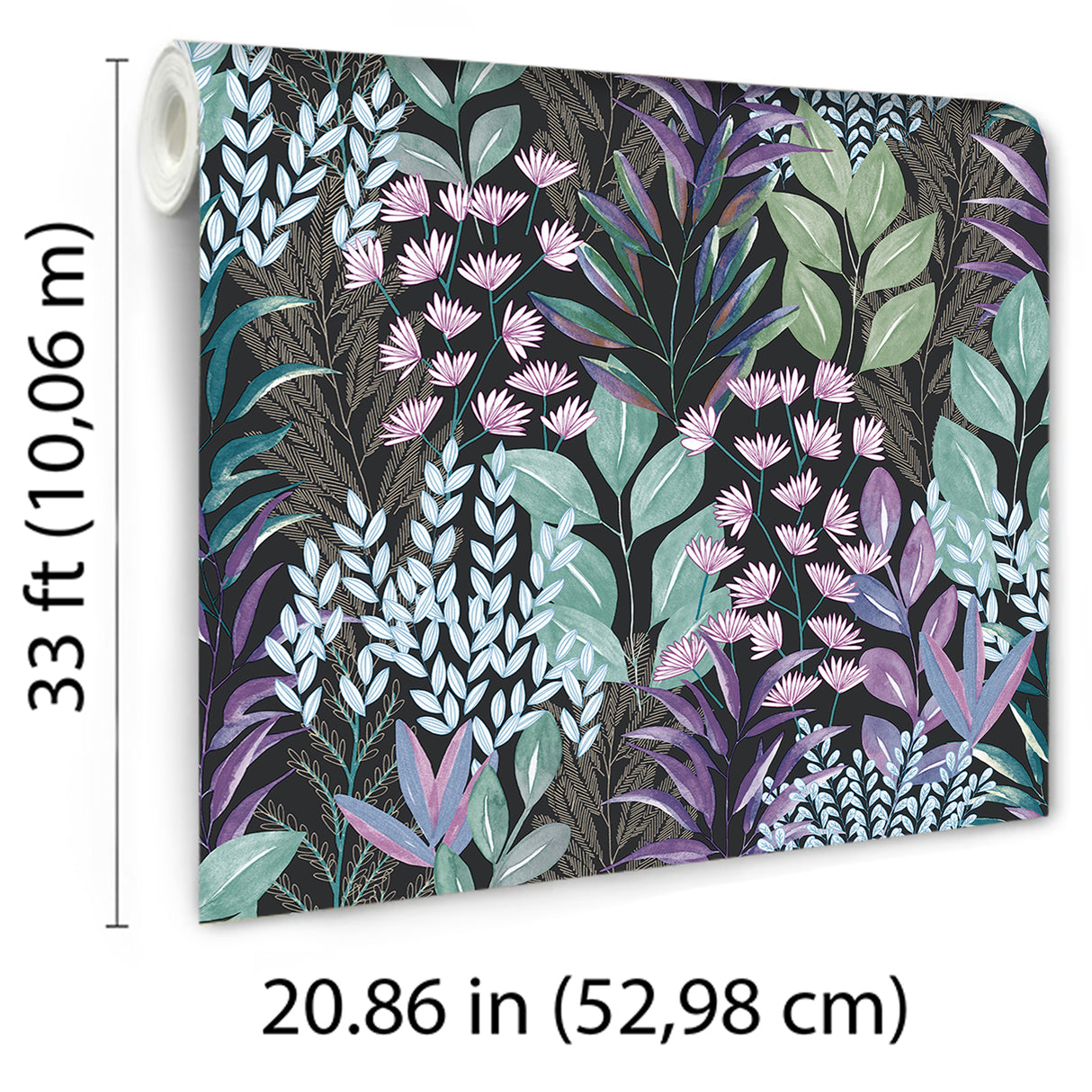 Serene Meadow Green and Purple on Black Ground by — Floral Wallpaper – Veer Decor 8195-AD5