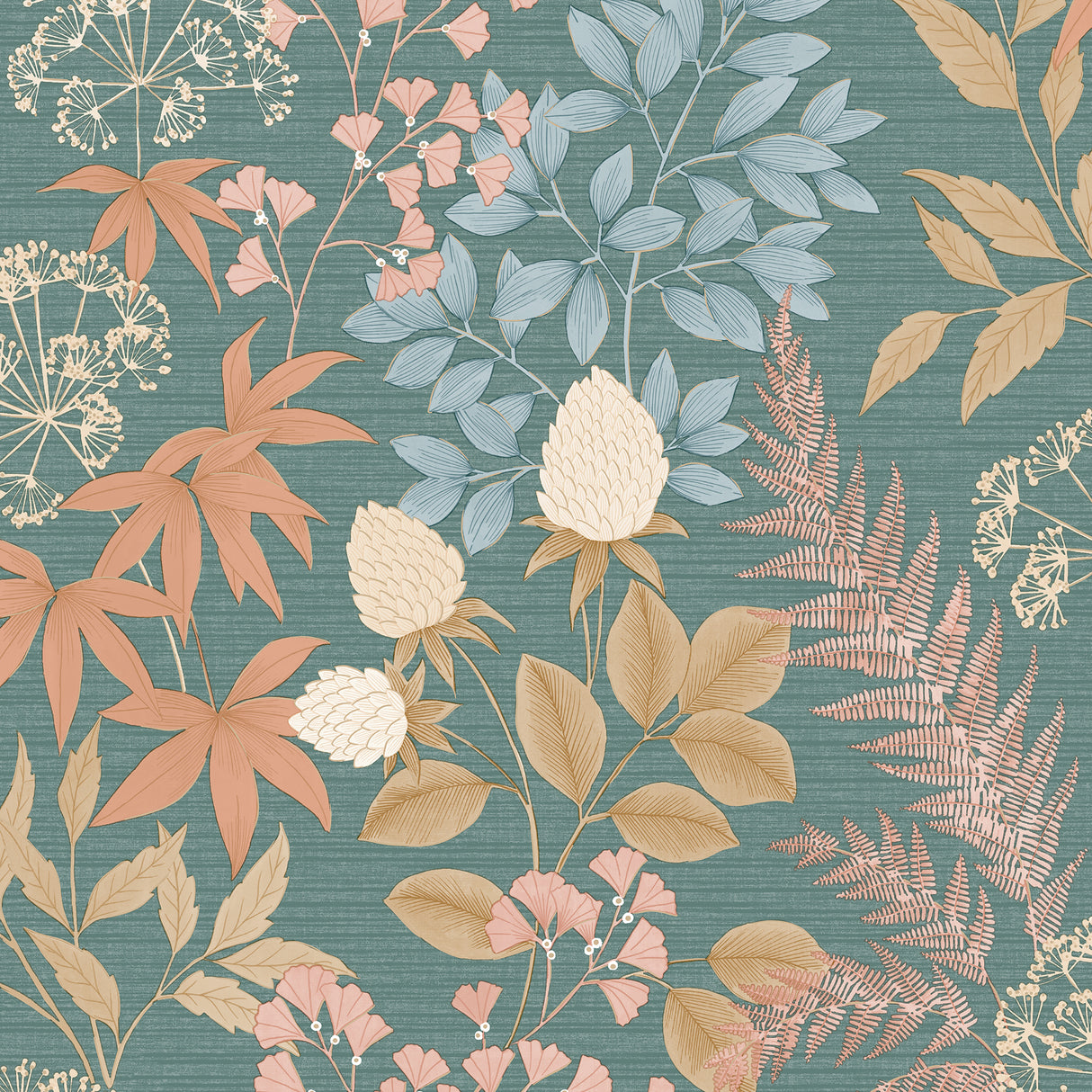 Gilded Bloom Green Ground floral wallpaper roll with metallic details