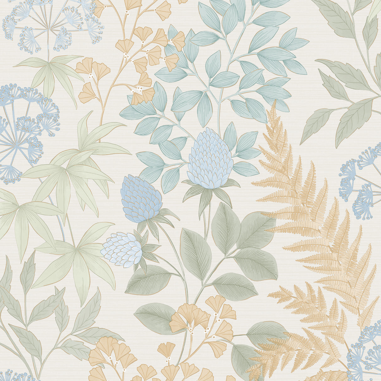 Gilded Bloom Cream Ground floral wallpaper roll and room view