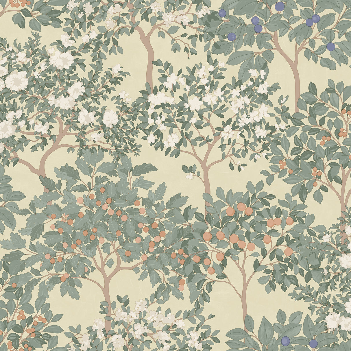 Arbor Serenade wallpaper in green trees and blossoms on a yellow ground roll and room view