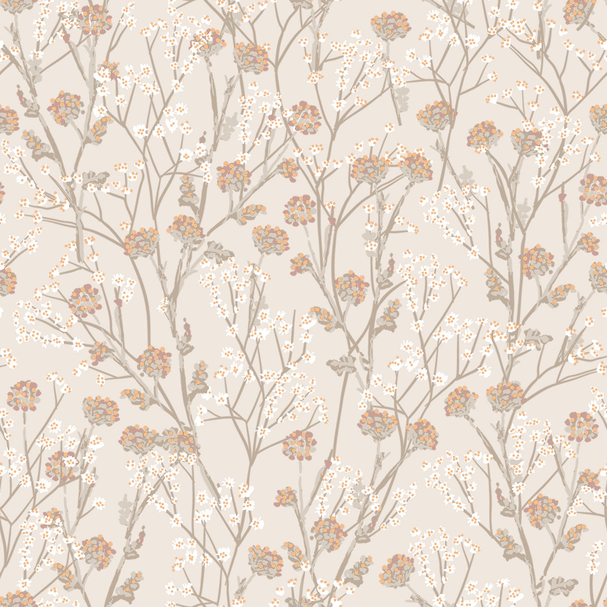 Blossom Branches Grey Beige floral wallpaper roll and room view