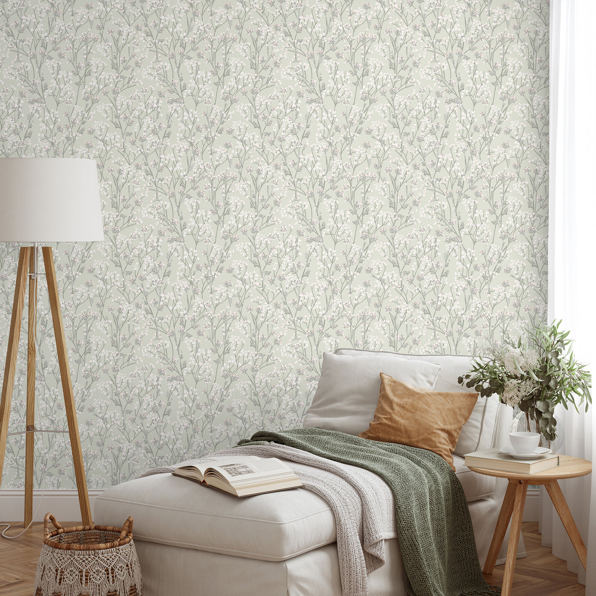 Blossom Branches Grey Green by — Floral Wallpaper – Veer Decor 8195-AG4