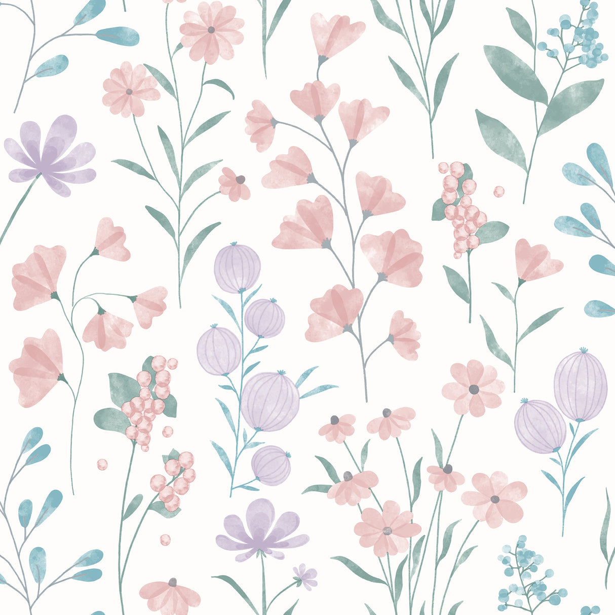 Floral Candy Pink and Violet non-woven unpasted wallpaper roll with watercolor flowers