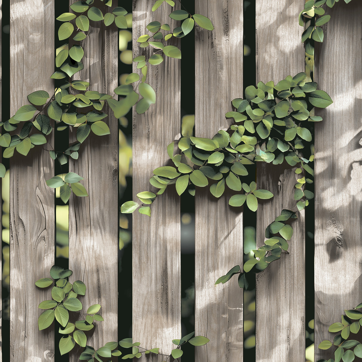 Palisade Brown trompe l’oeil fence and vines wallpaper roll and room view