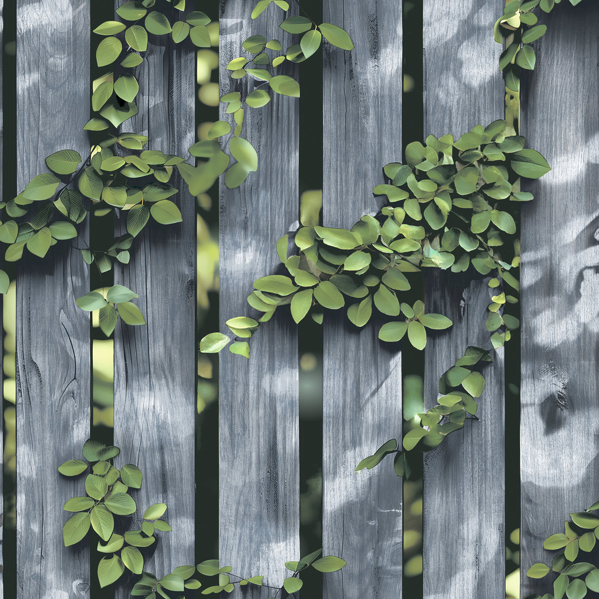 Palisade Grey wallpaper showing photoreal wood fence with green vines